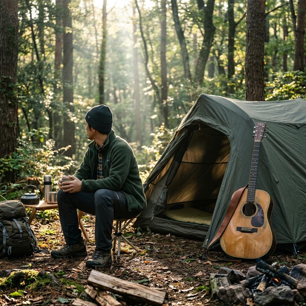 テントに立てかけたアコースティックギター