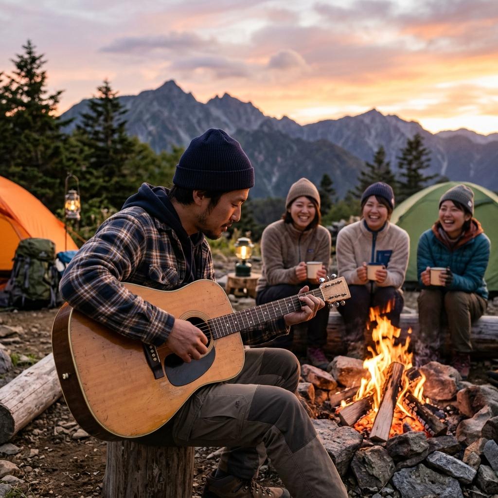 夕暮れの焚き火でギターを奏でる