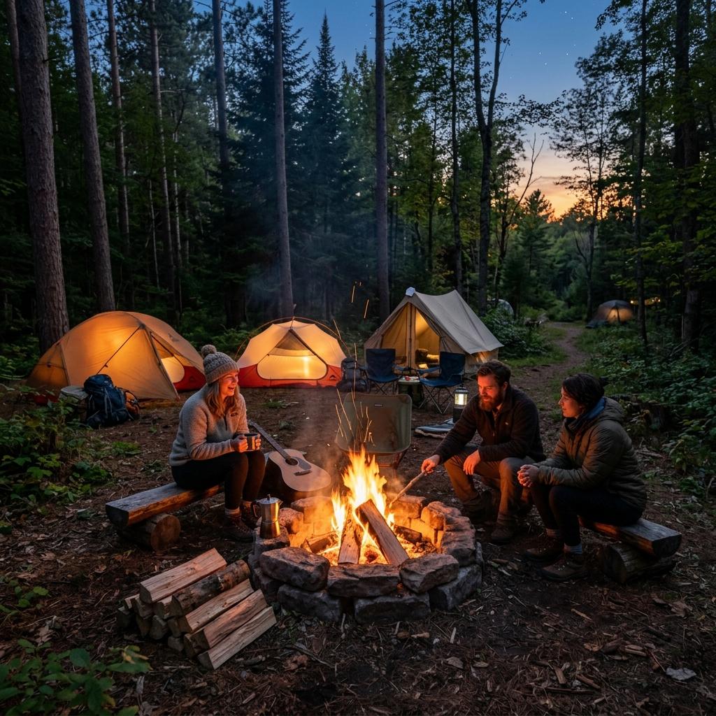 夕暮れに輝くキャンプサイトの焚き火