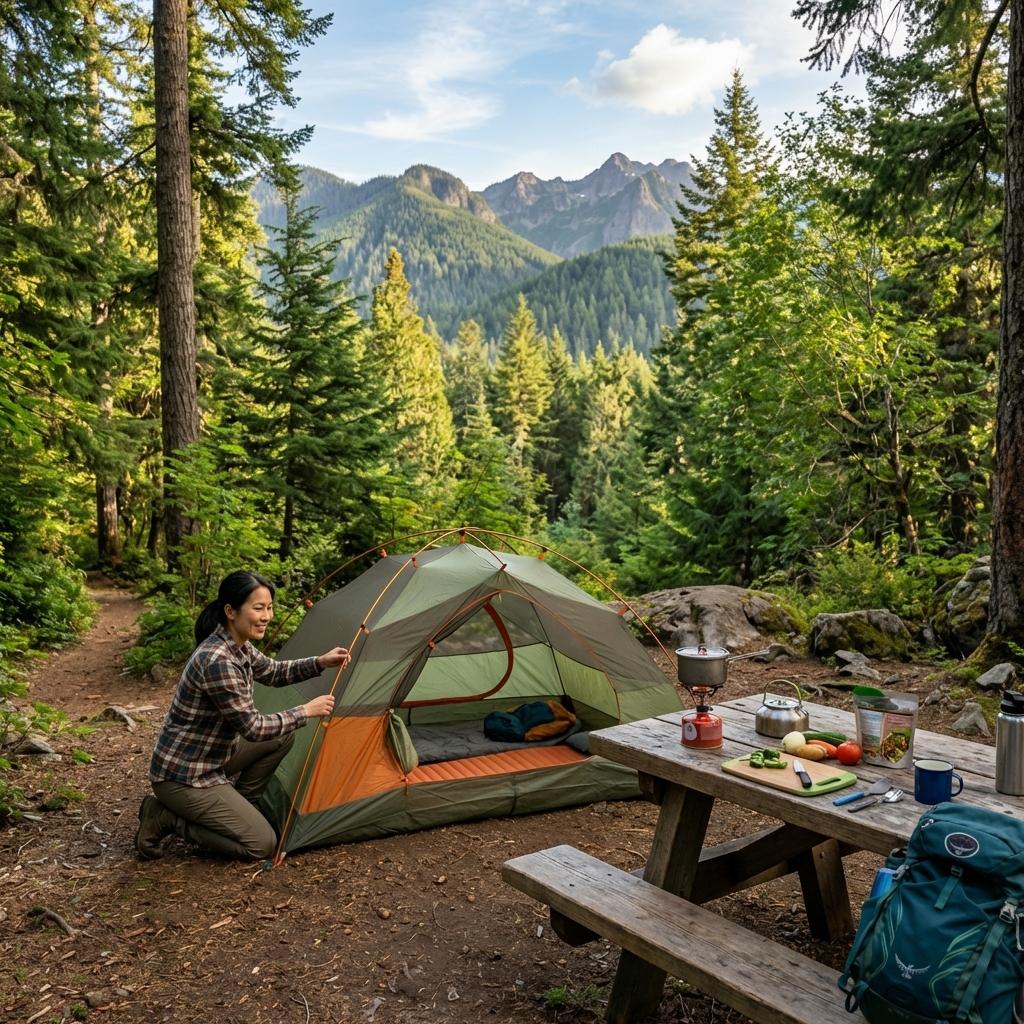 キャンプ道具を広げた設営風景