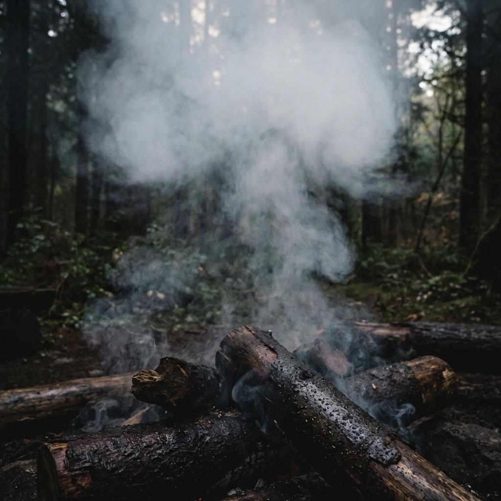 焚き火から立ち上る白い煙の様子