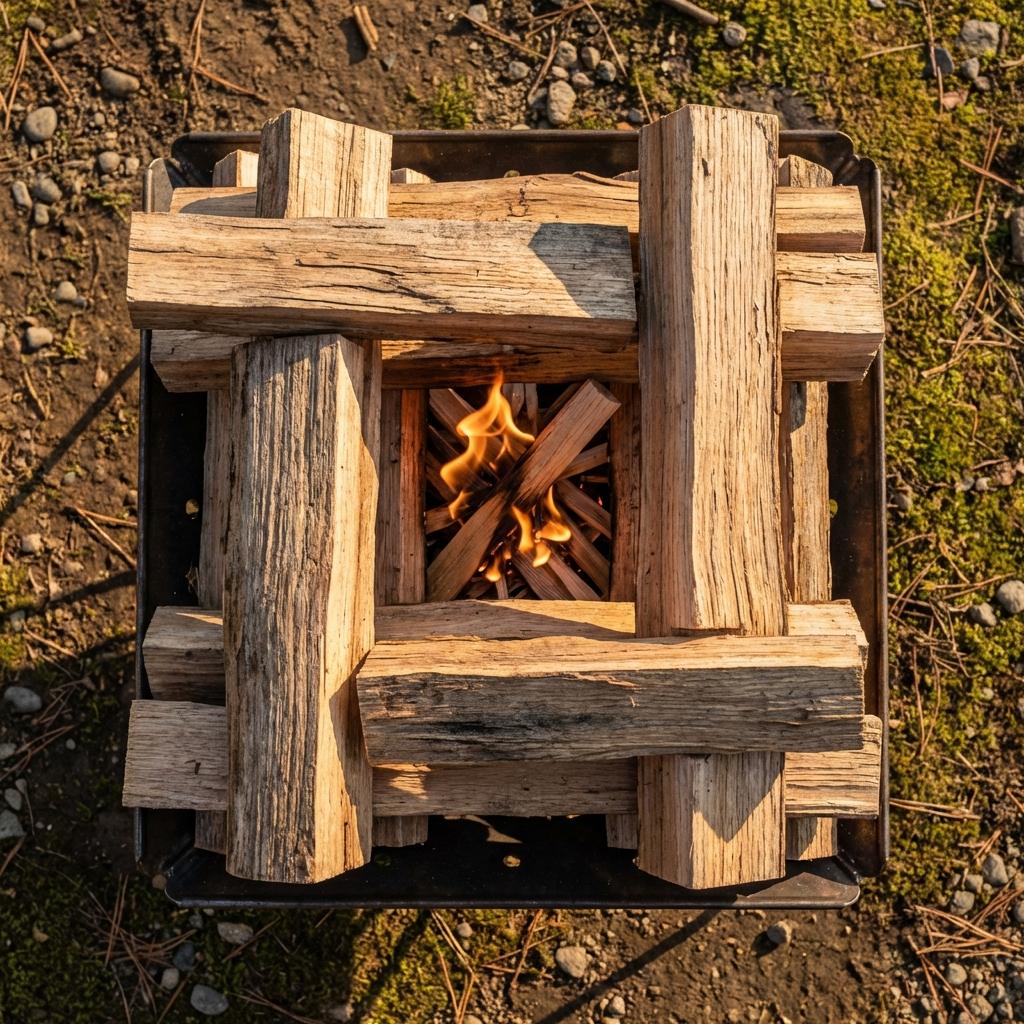 ログキャビン型に組まれた薪と焚き火