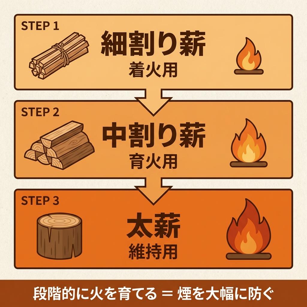 薪3サイズの段階的な火の育て方