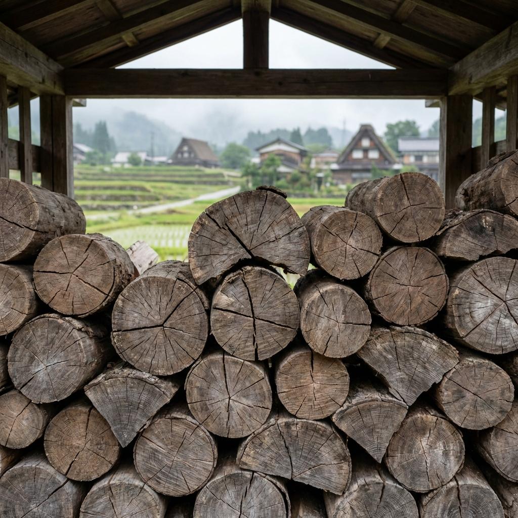 屋外で乾燥中の積み上げられた薪