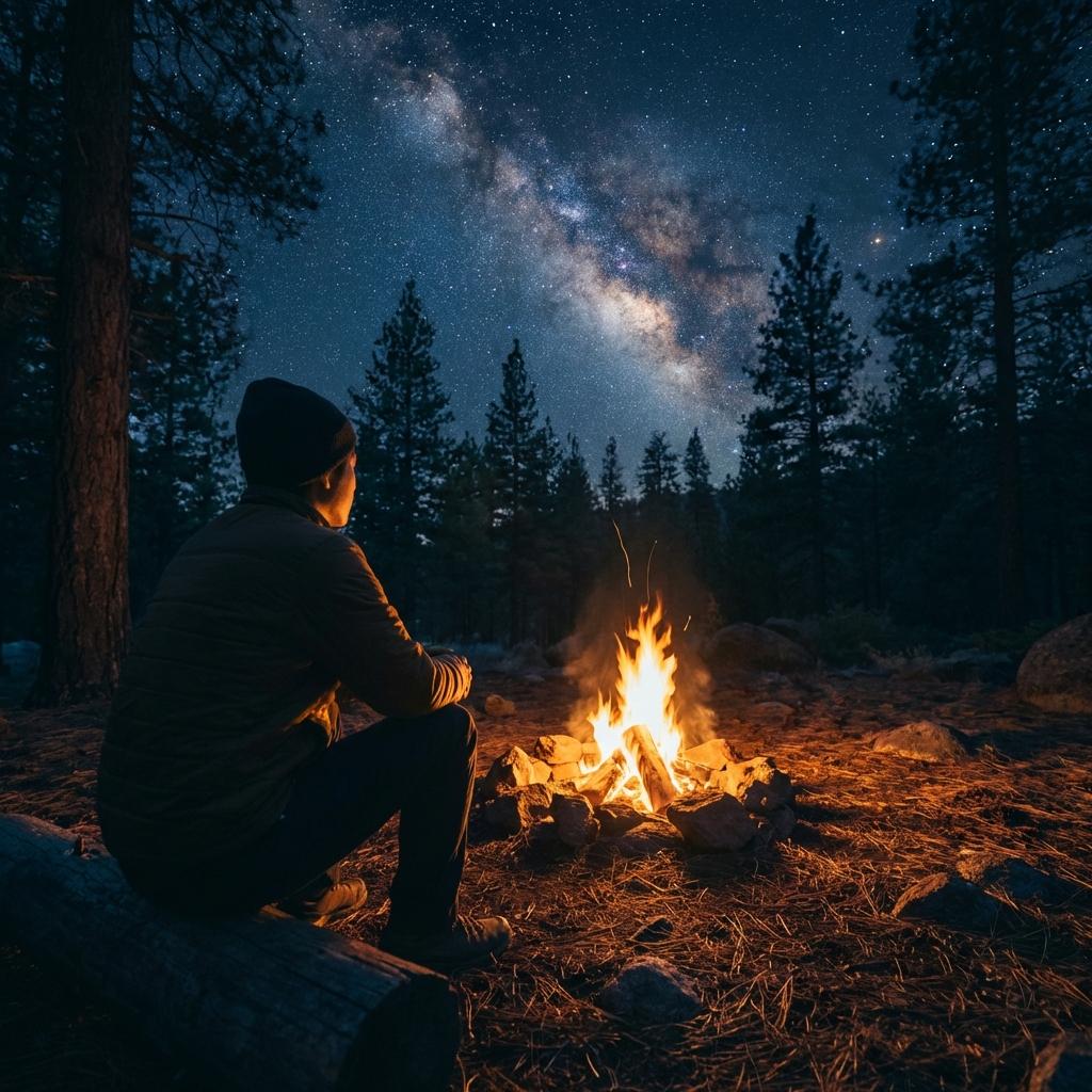 夜の焚き火を眺めるキャンパー