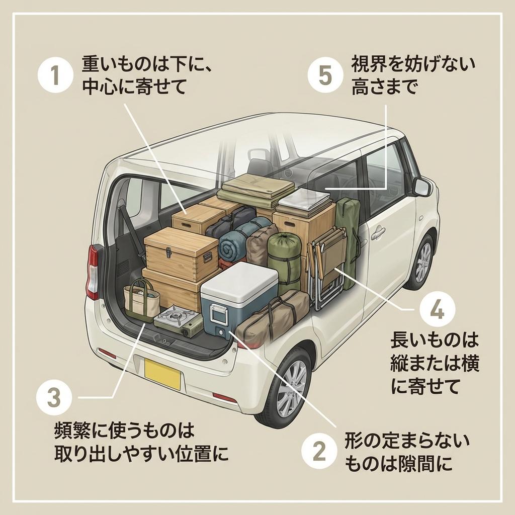 荷室へ道具を詰める手元