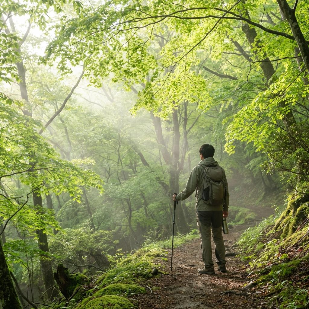 朝の光に包まれた登山道