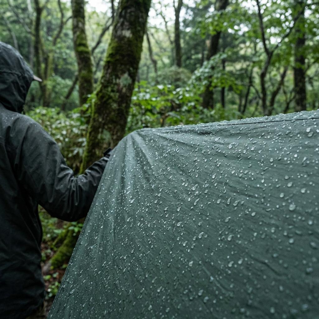 雨に濡れた新緑とテント