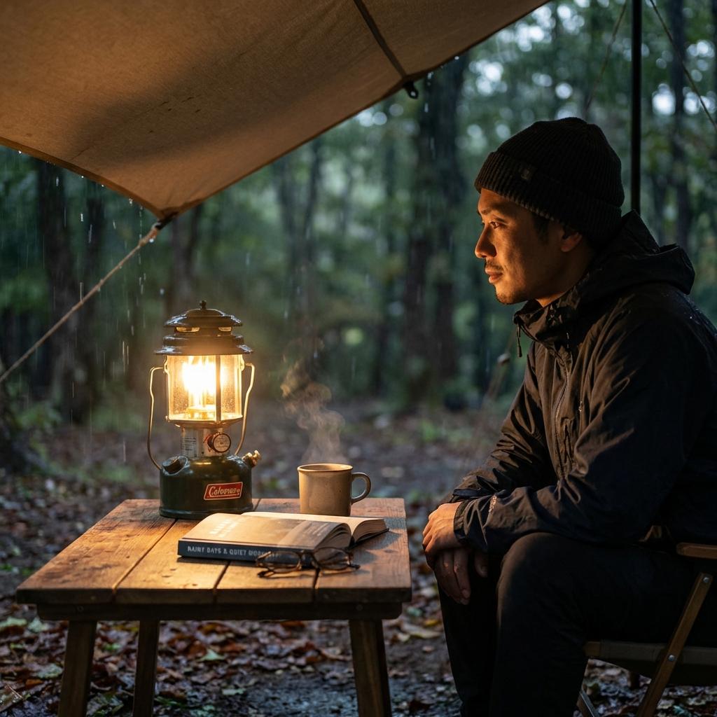 ランタンと雨のキャンプサイト
