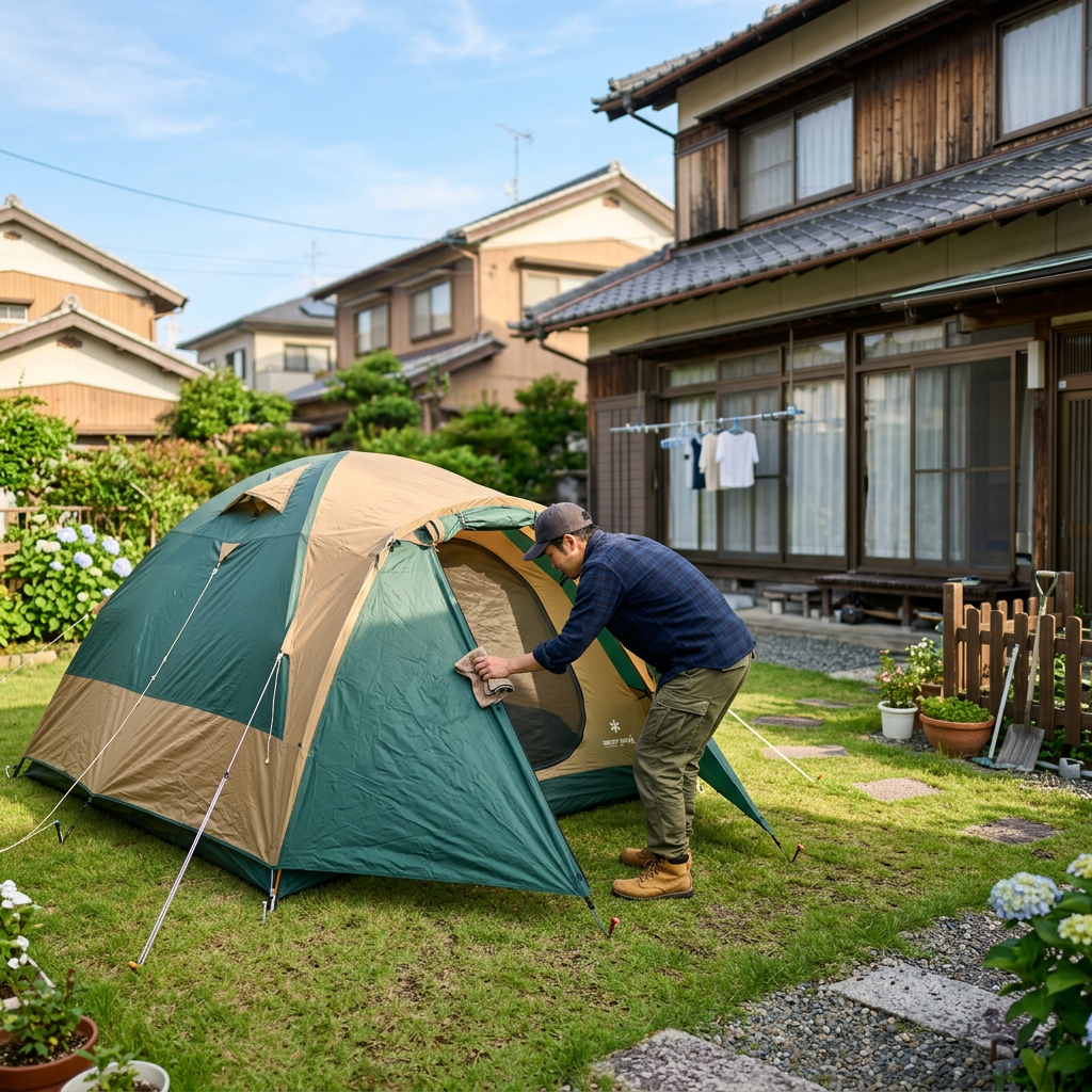 テントを広げて乾燥させている様子
