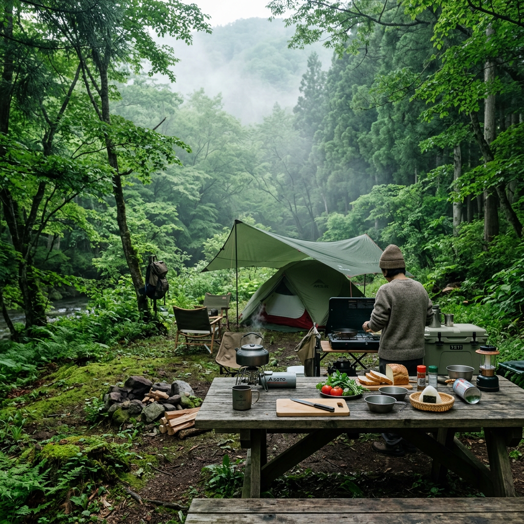 梅雨前のキャンプサイト全景