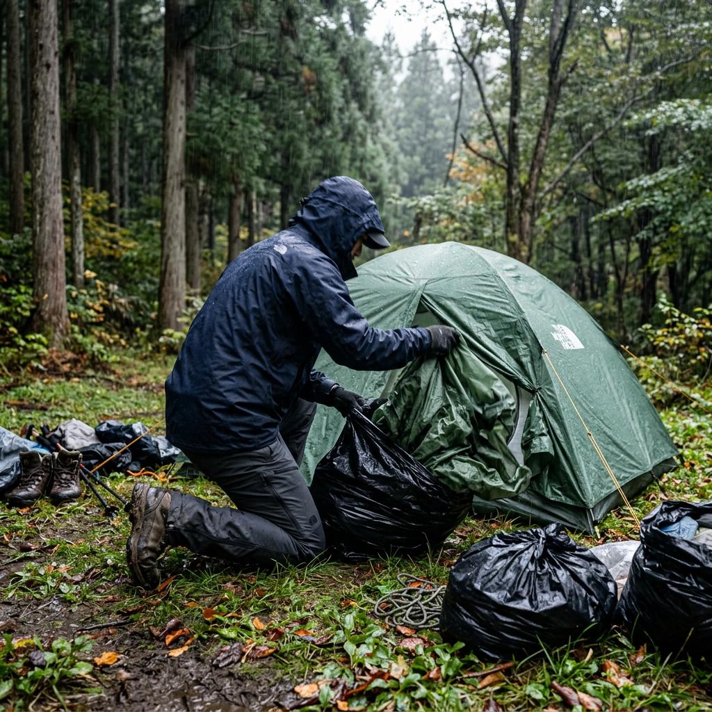 雨の中でテントを撤収する様子
