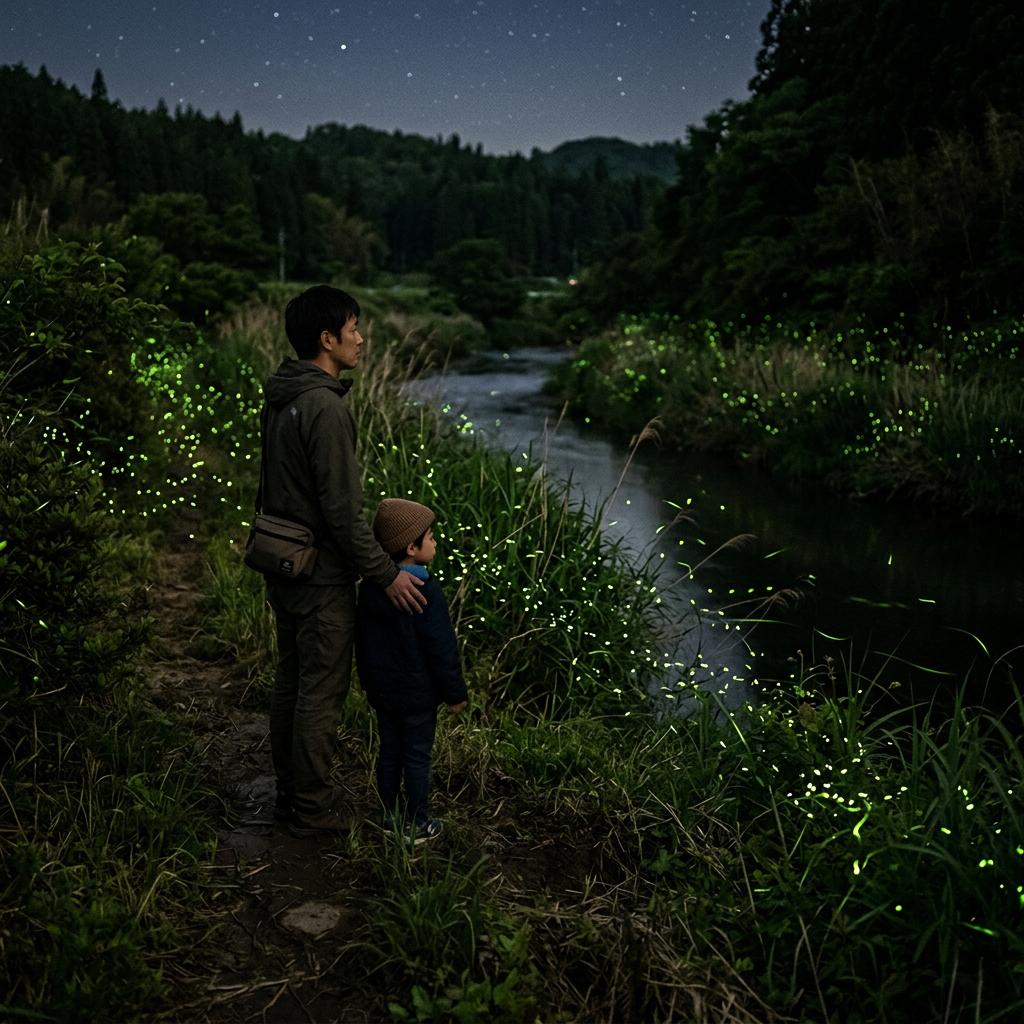 夜の川辺でホタルを観る親子