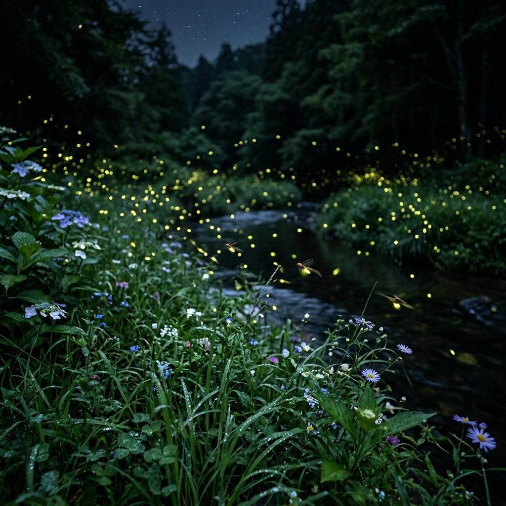 夜の草むらと光るホタル
