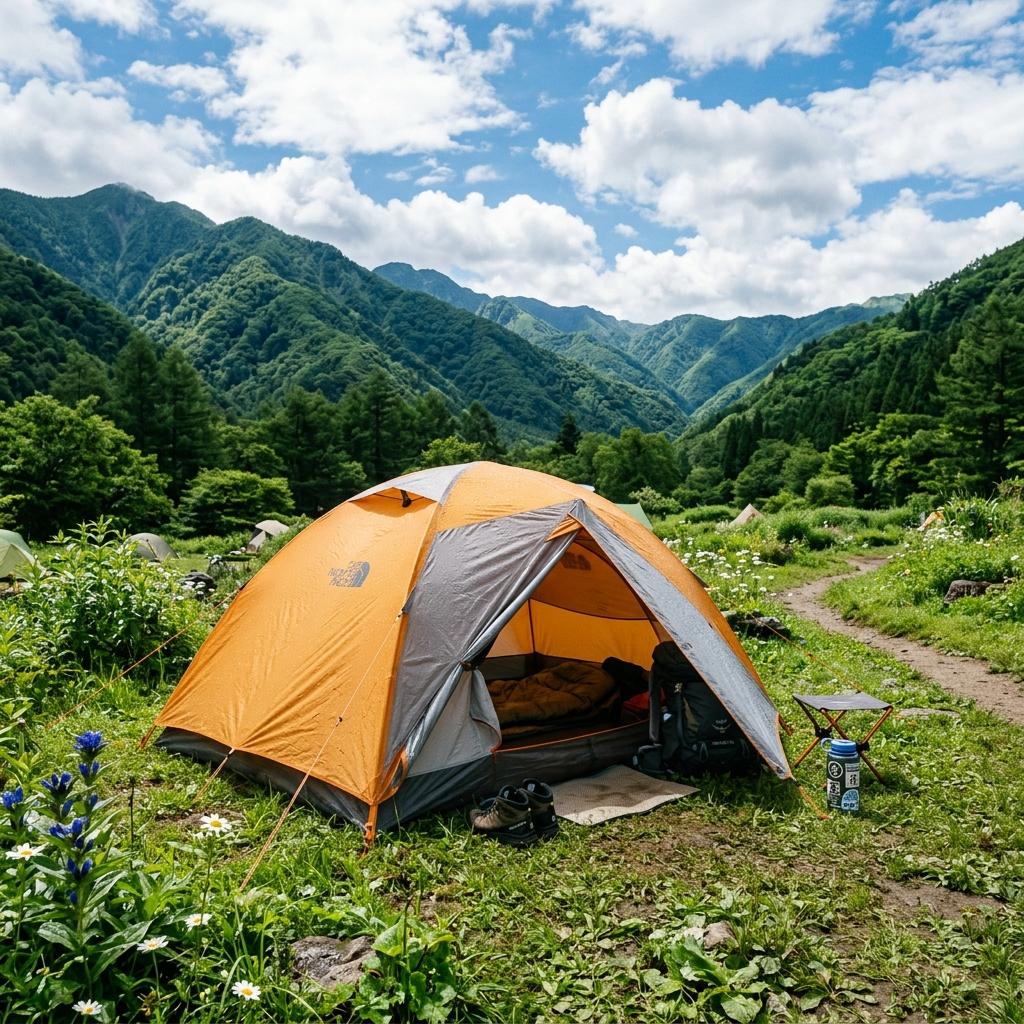夏空の下で設営された乾いたテント