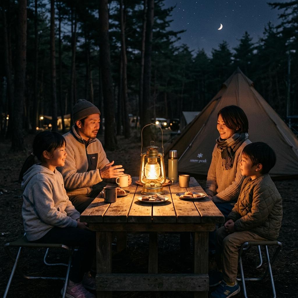 家族でランタンを囲む夜のキャンプ
