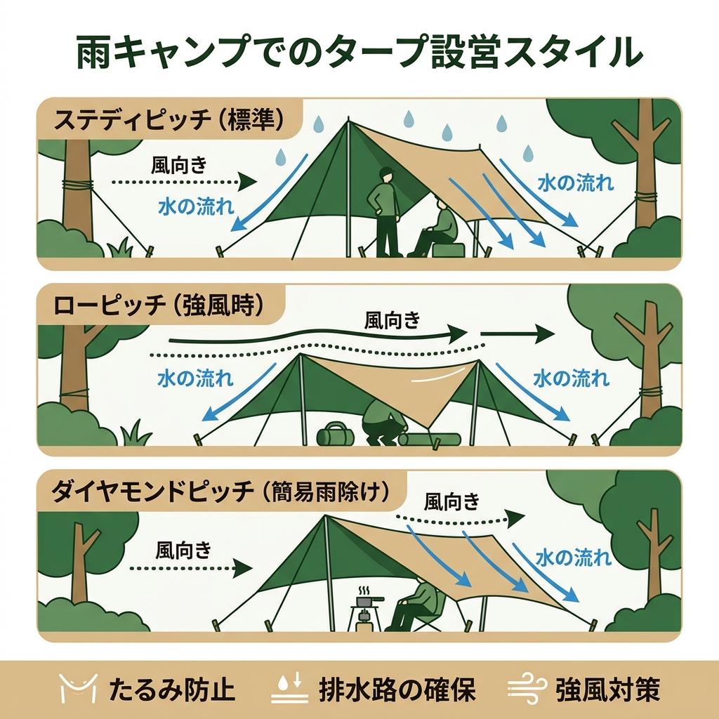 タープの張り方を示すインフォグラフィック
