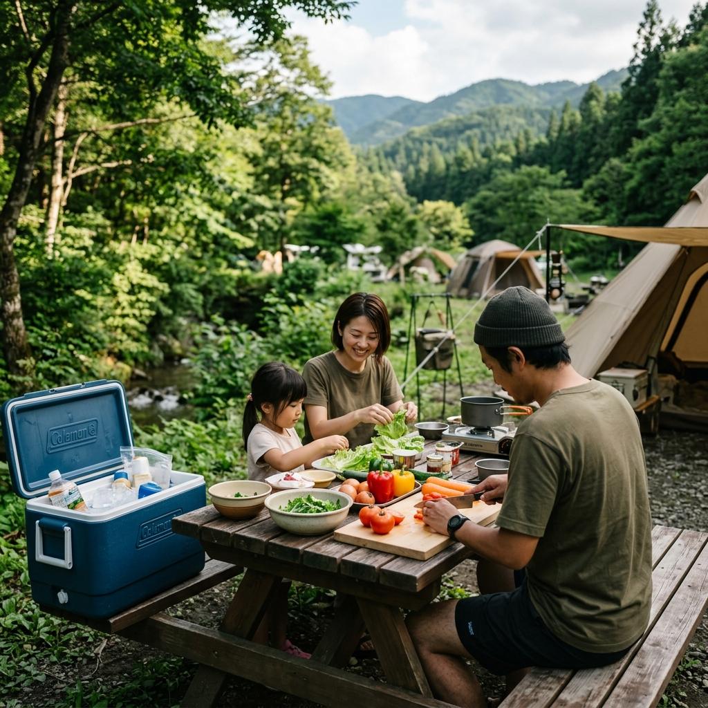 キャンプでの食事準備風景