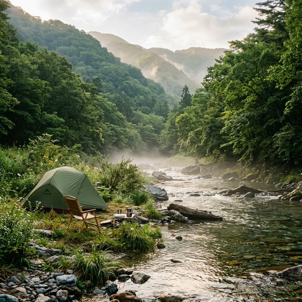 渓流沿いの夏のキャンプサイト風景