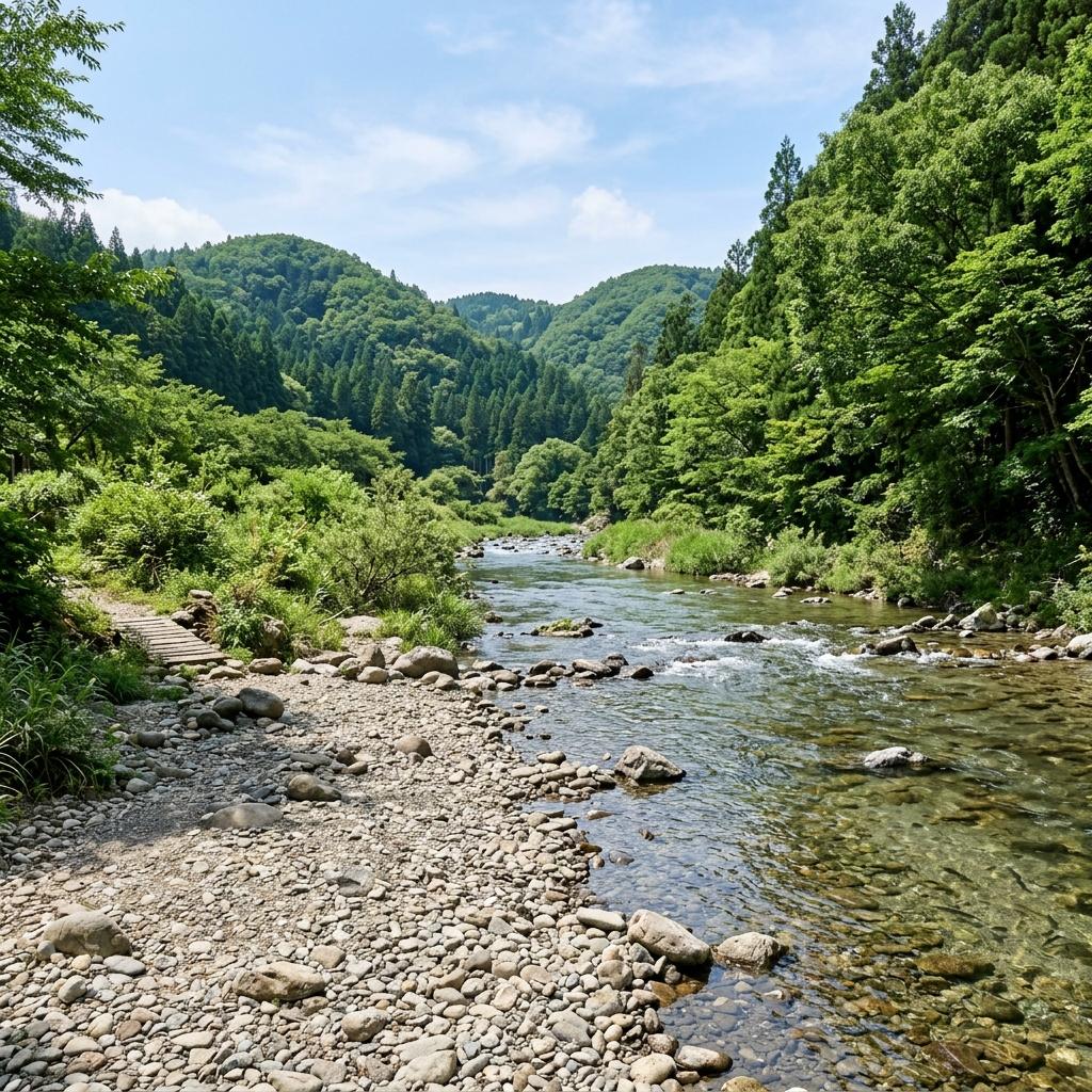 木漏れ日が差す夏の渓谷の河原