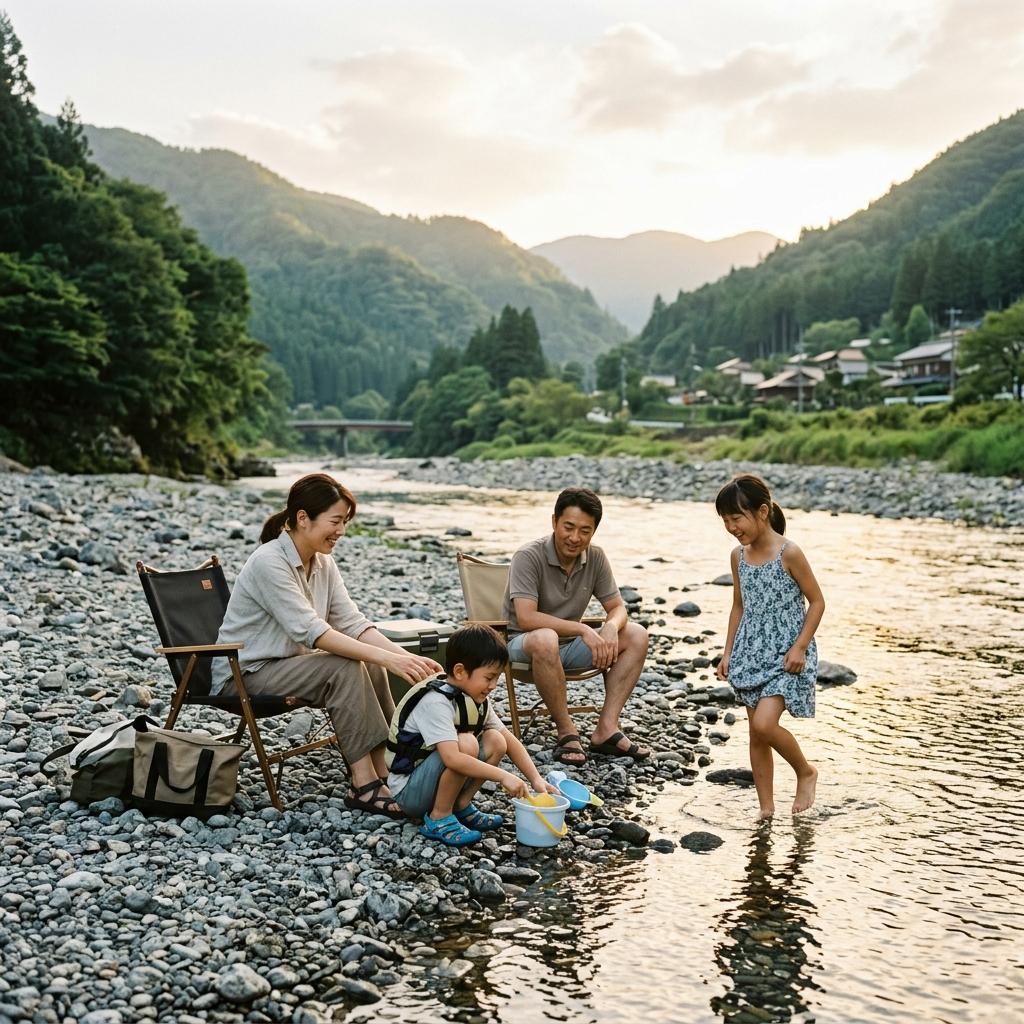 夕方の川辺でくつろぐ家族