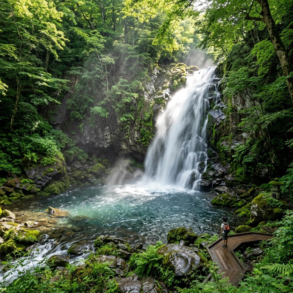 木々に囲まれた滝と水しぶき
