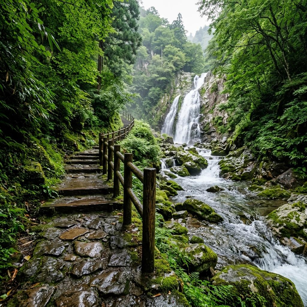 沢沿いに続く濡れた遊歩道