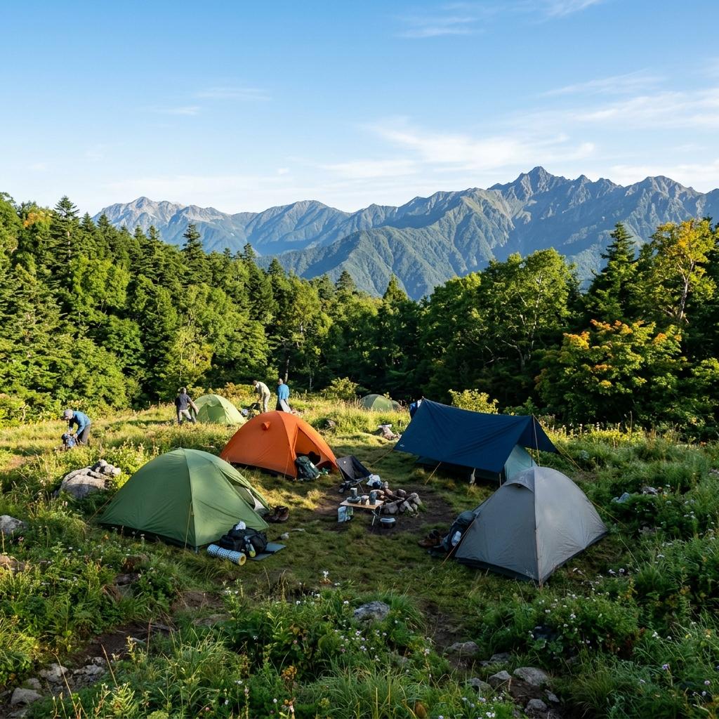 9月の高原に並ぶキャンプのテント