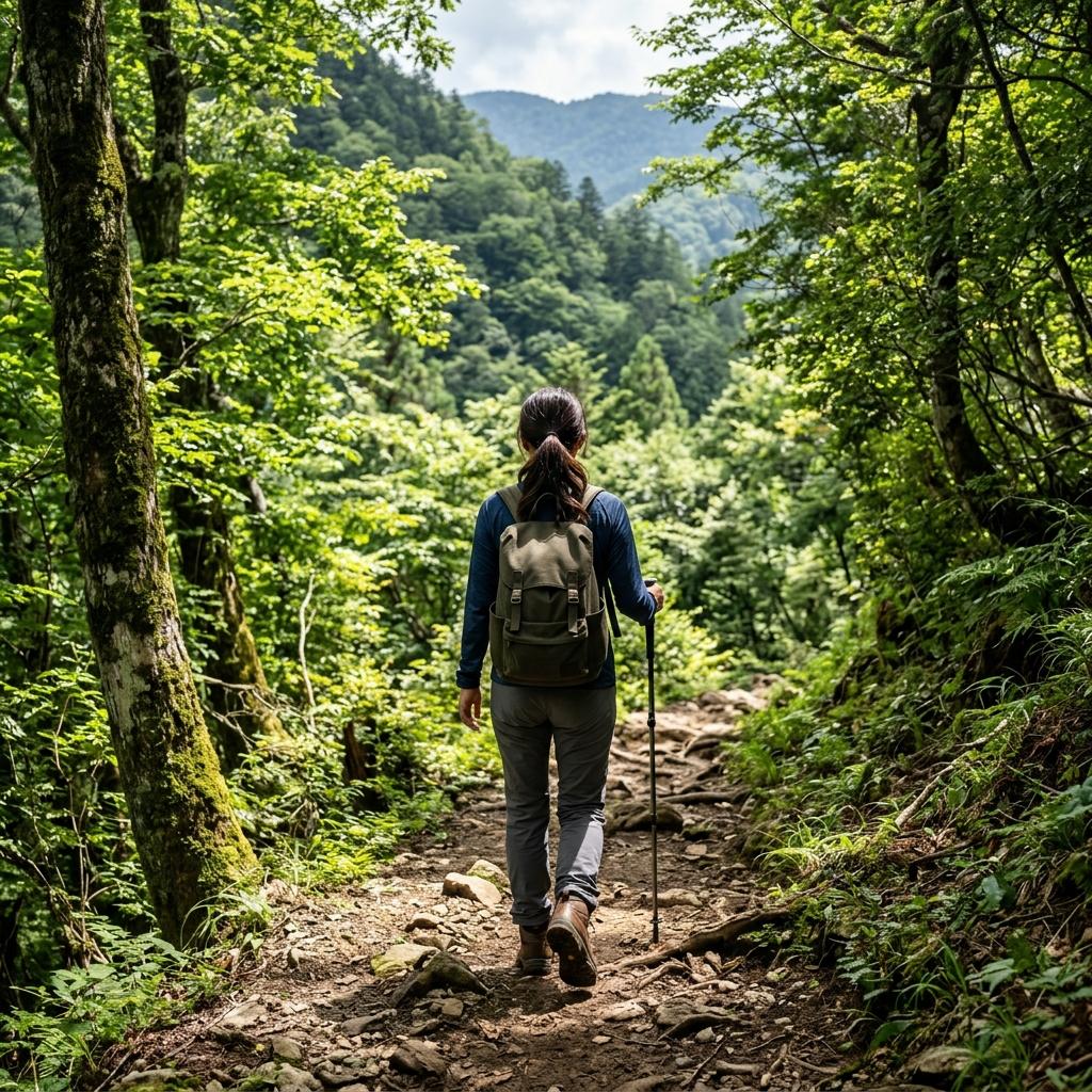 登山道を歩く小型ザックの登山者