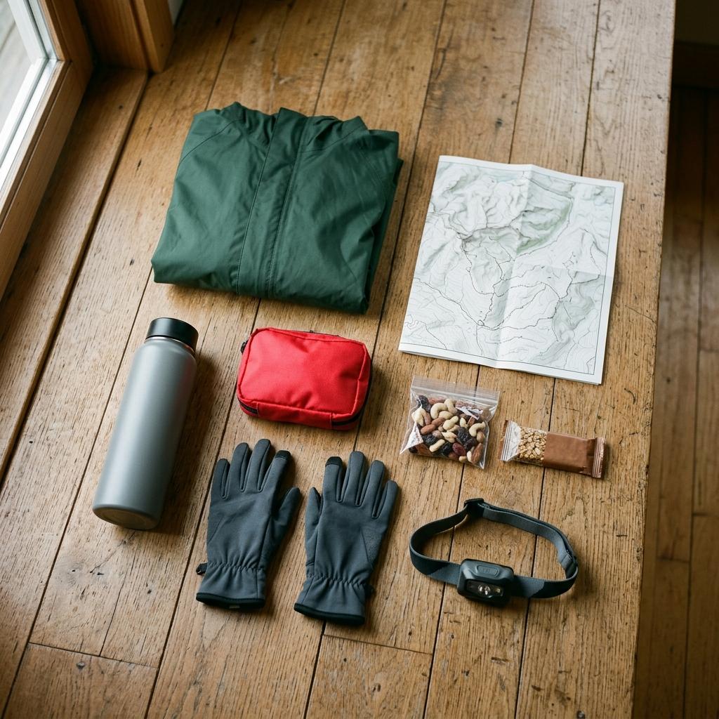 日帰り登山の持ち物を広げた様子