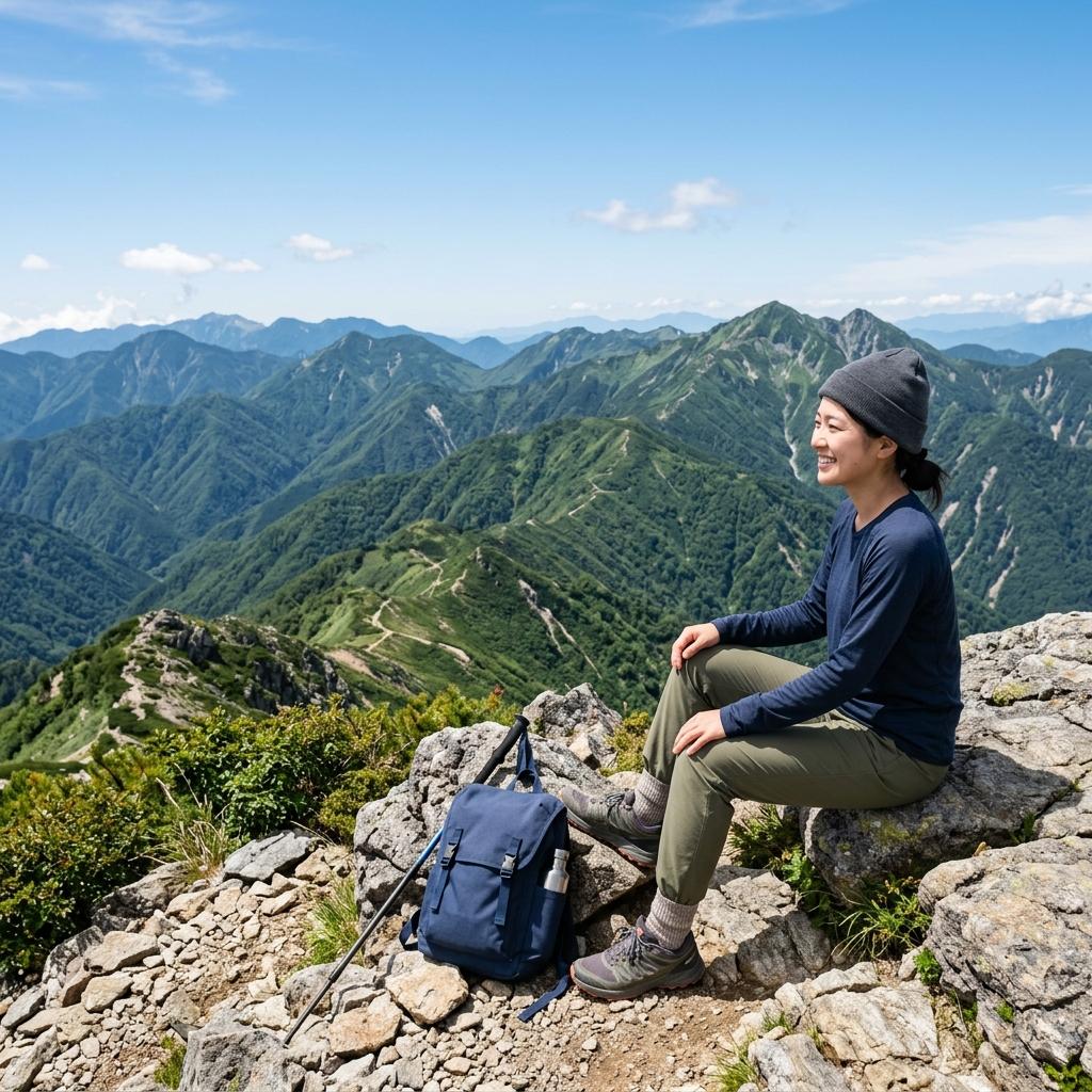 山頂で休憩する登山者とザック