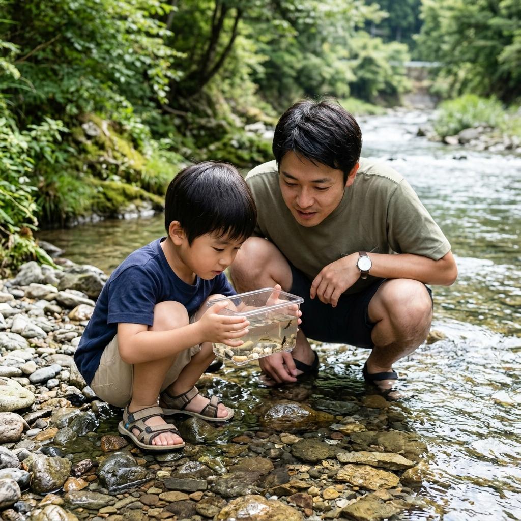 川辺で生きものを観察する親子
