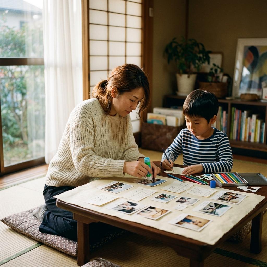 模造紙に研究をまとめる親子