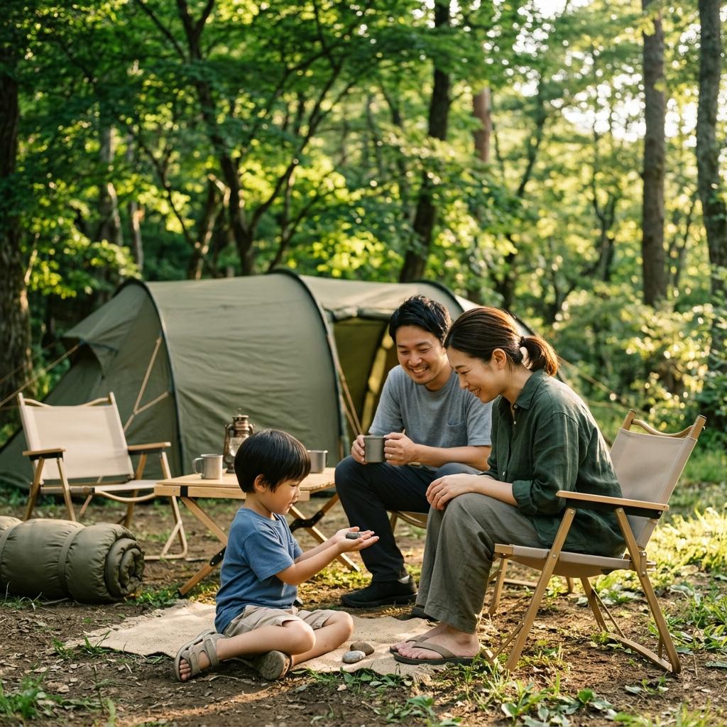 夏のキャンプ場で過ごす家族