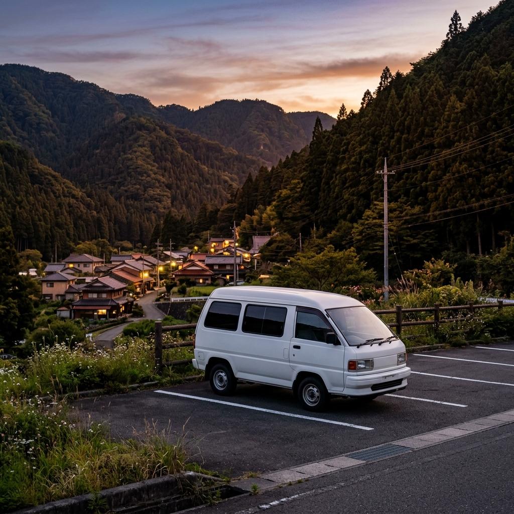 夕暮れの駐車場に停まる一台の車