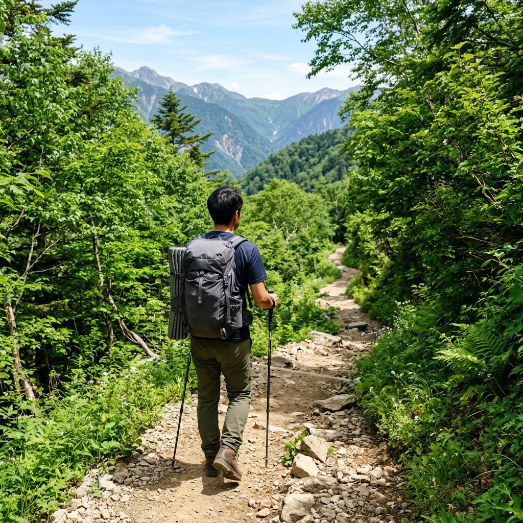 明るい時間帯の登山道を歩く人