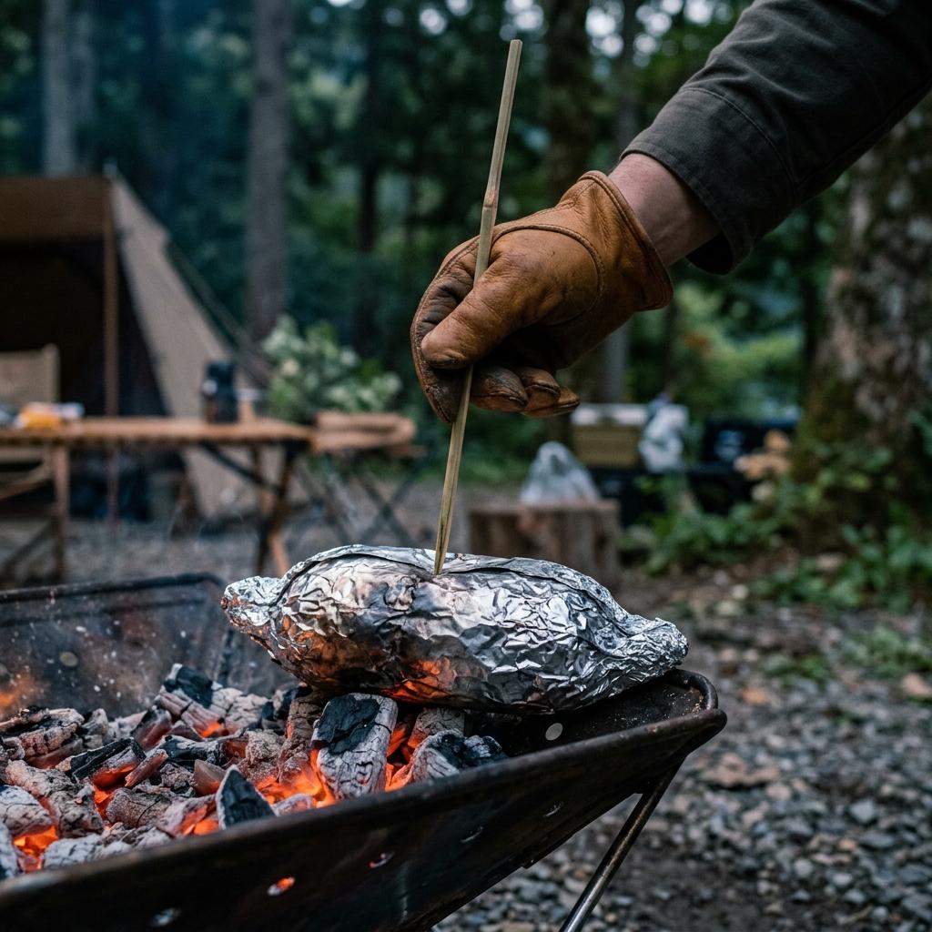 竹串を刺して火の通りを確かめる