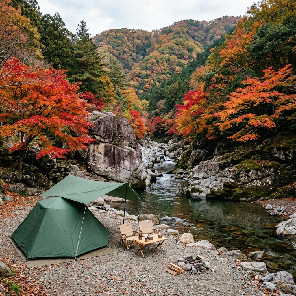 渓谷沿いの紅葉とキャンプ場