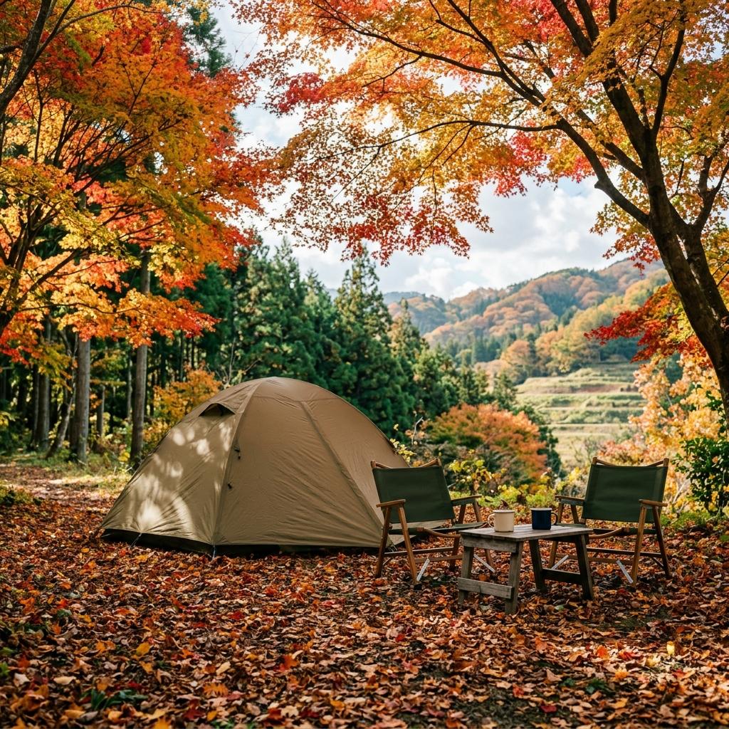 紅葉の木の下に張ったテント