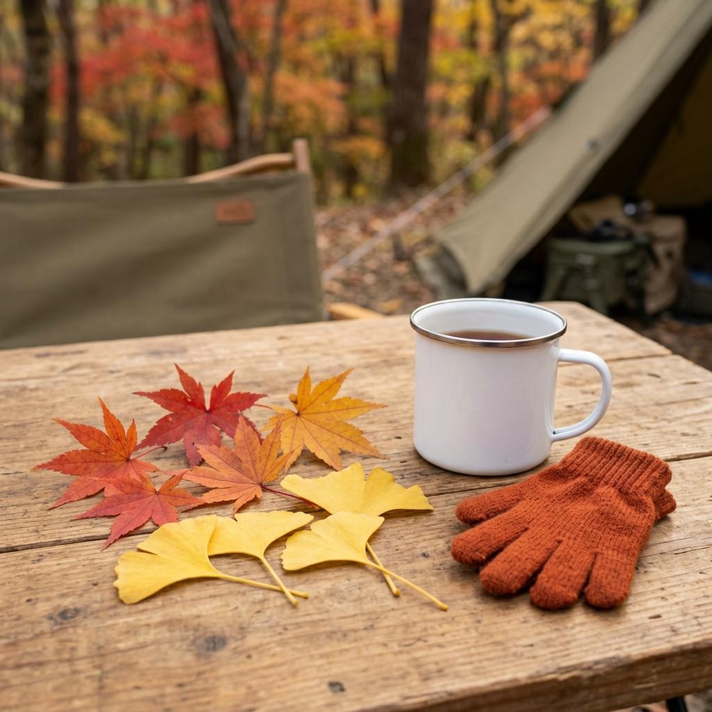 テーブルに並べた紅葉の落ち葉