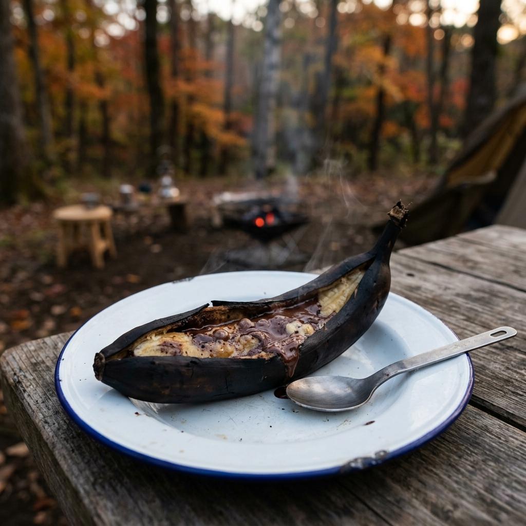 皿にのせて冷ます焼きバナナ