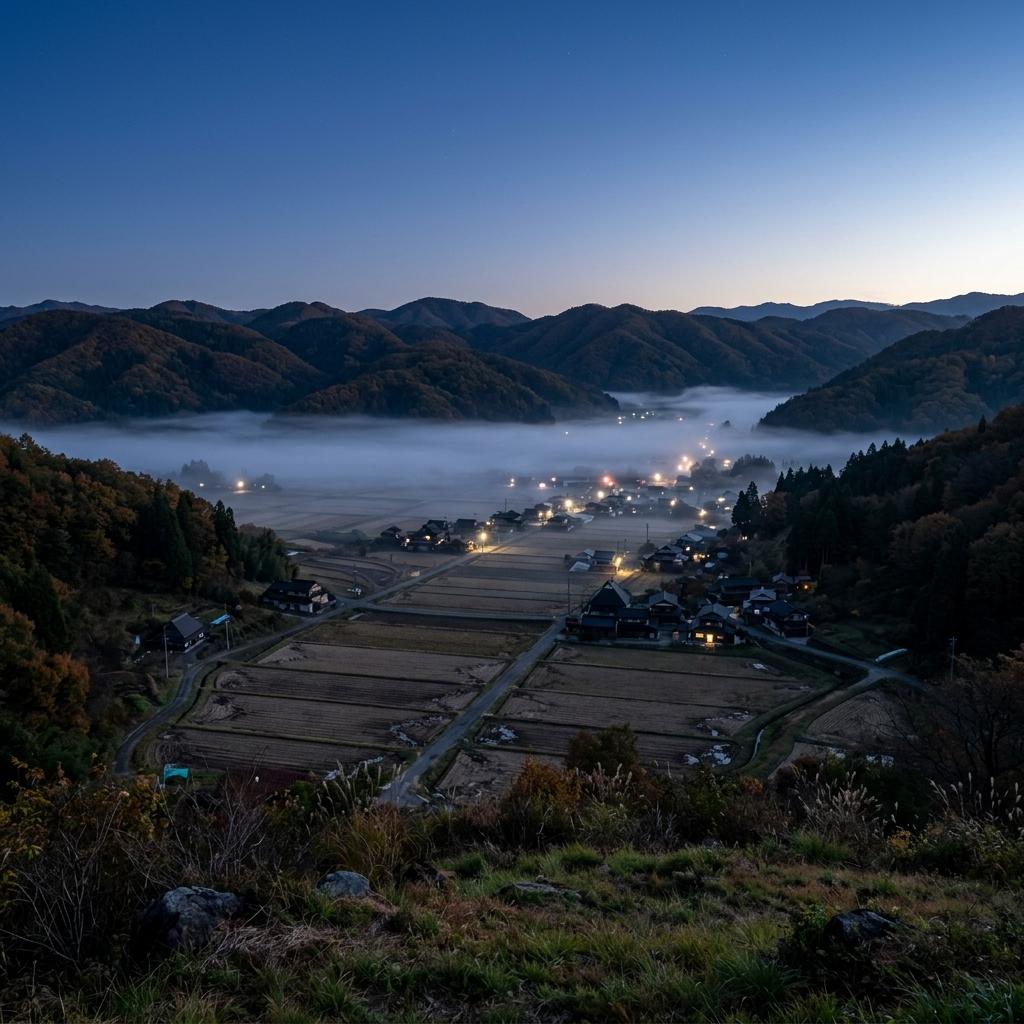 盆地にたまる夜明け前の霧