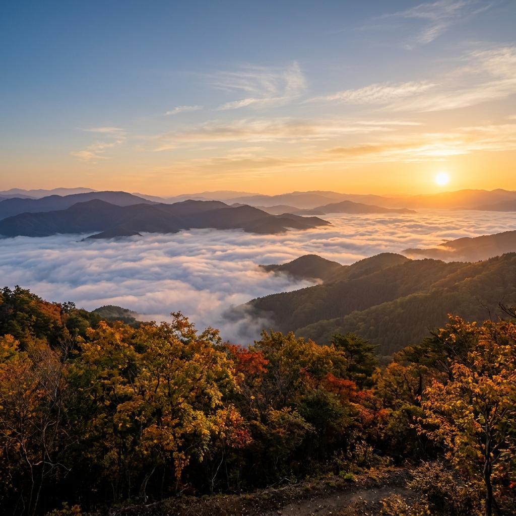 朝日に染まる雲海と山並み