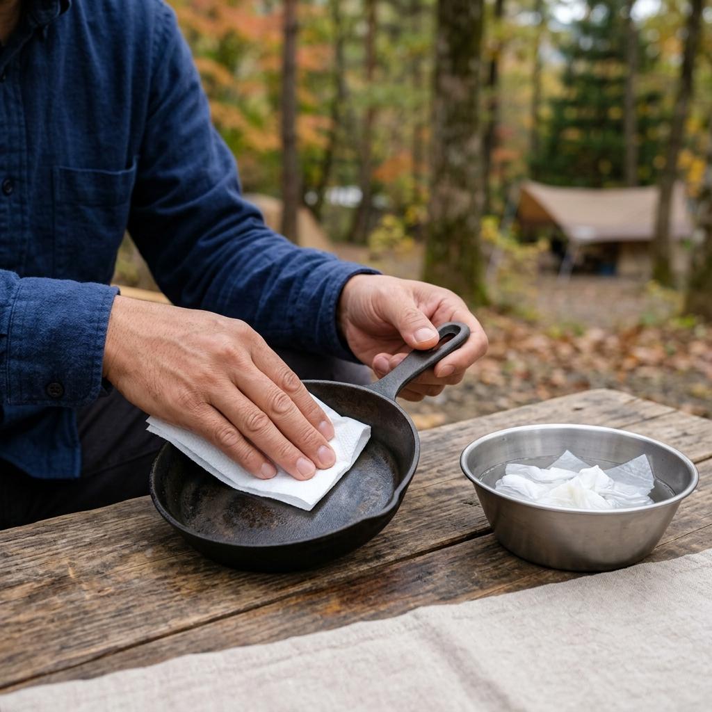 冷めた油を紙で拭き取る片付け