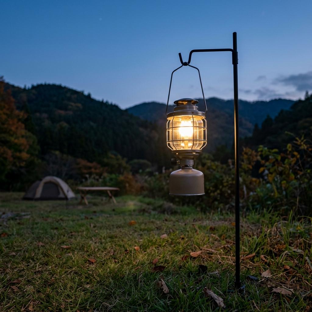 夕暮れのキャンプ場に灯るランタン