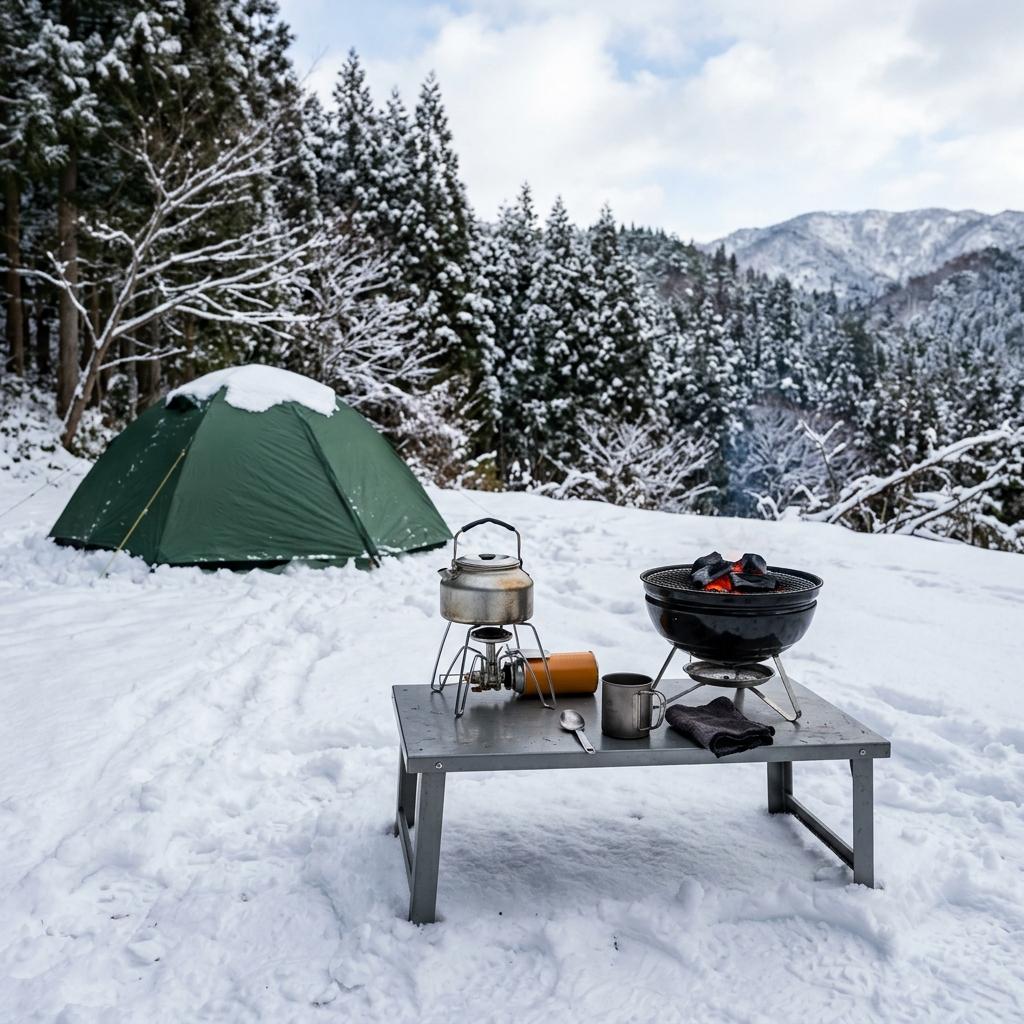 屋外で使うこんろと冬のテント