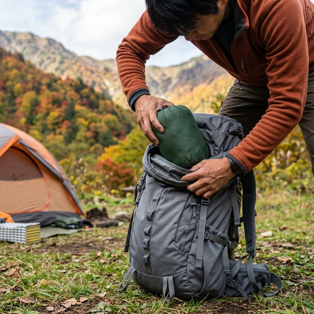 寝袋をザックに詰める登山者