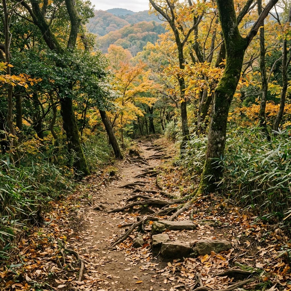 木の根と石段が続く尾根の山道