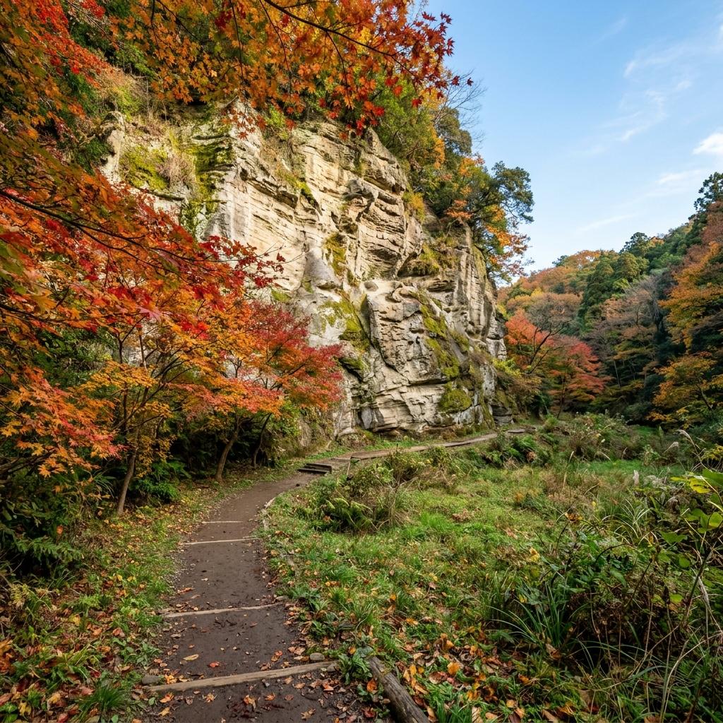 紅葉と苔むした崖の古道
