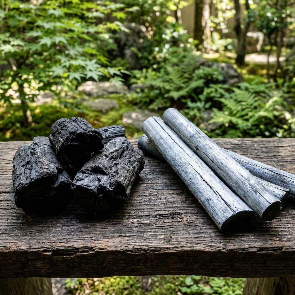 黒炭と白炭を並べた様子